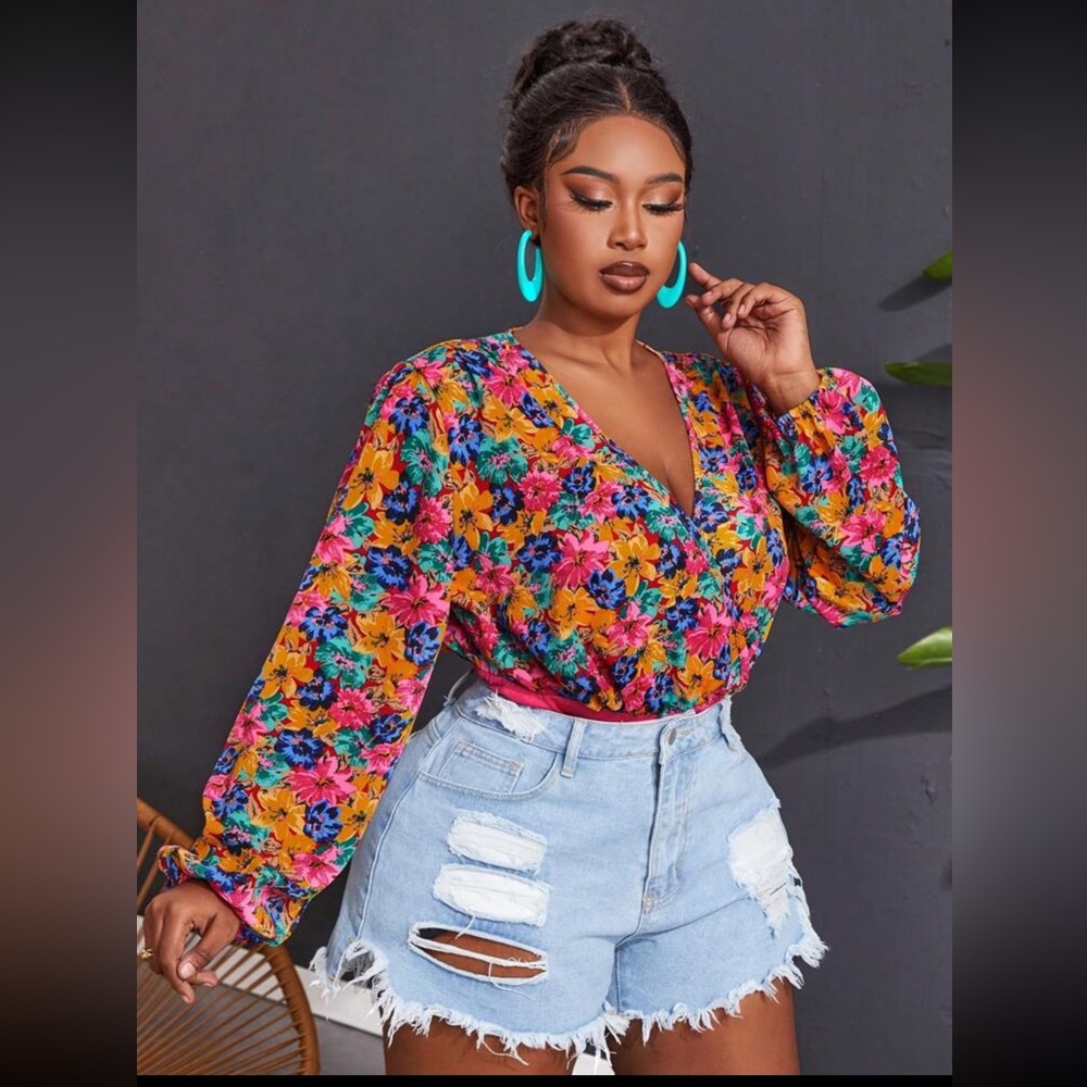 Floral V-Neck Bodysuit- Multicolor